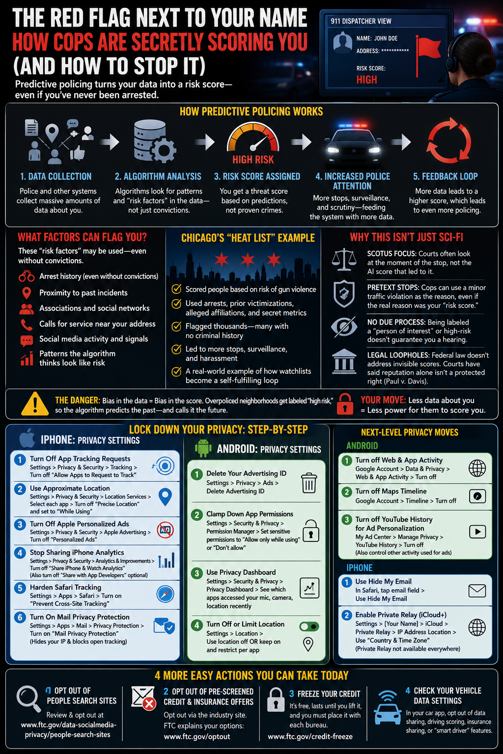 Infographic explaining predictive policing, police watchlists, risk scores, and algorithmic surveillance in Phoenix criminal investigations