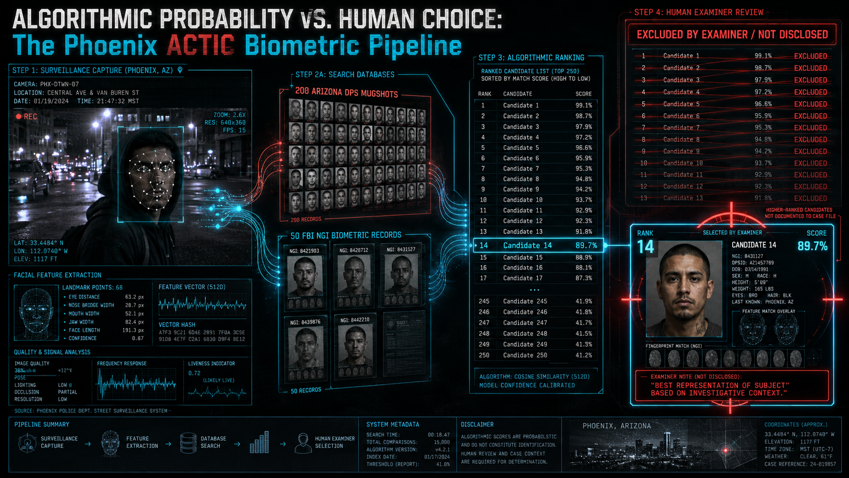 Diagram showing how Phoenix Police facial recognition searches query state and federal databases to return 250 ranked candidates before human selection.